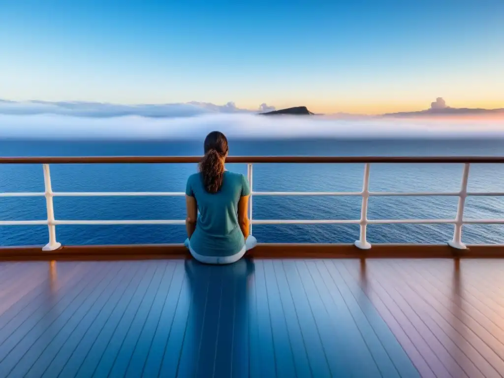 Persona meditando en cubierta de crucero, rodeada de mar infinito bajo cielo azul