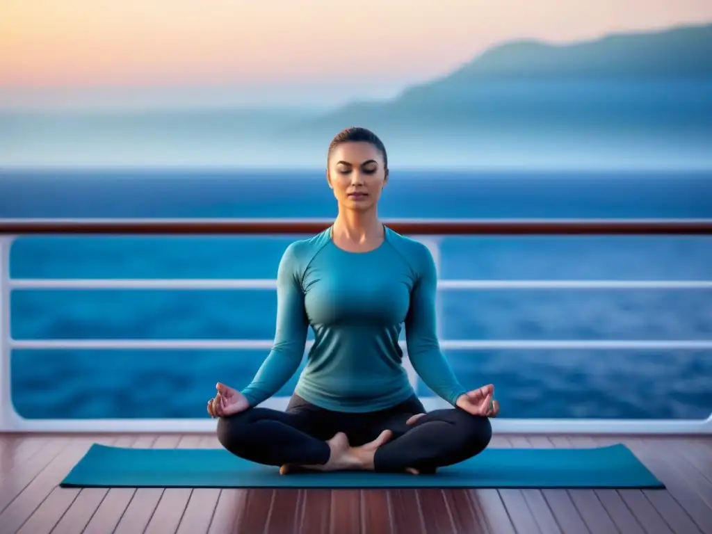 Una persona practica yoga al amanecer en la cubierta de un crucero, rodeada de tranquilidad y serenidad