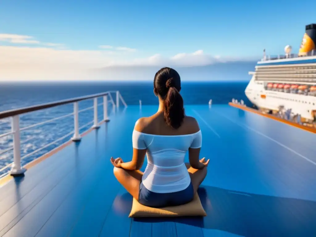 Persona meditando en cubierta de crucero, conectando con la tranquilidad del mar