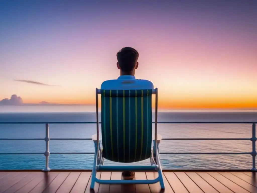 Persona disfrutando de la desconexión en crucero, contemplando el mar al atardecer