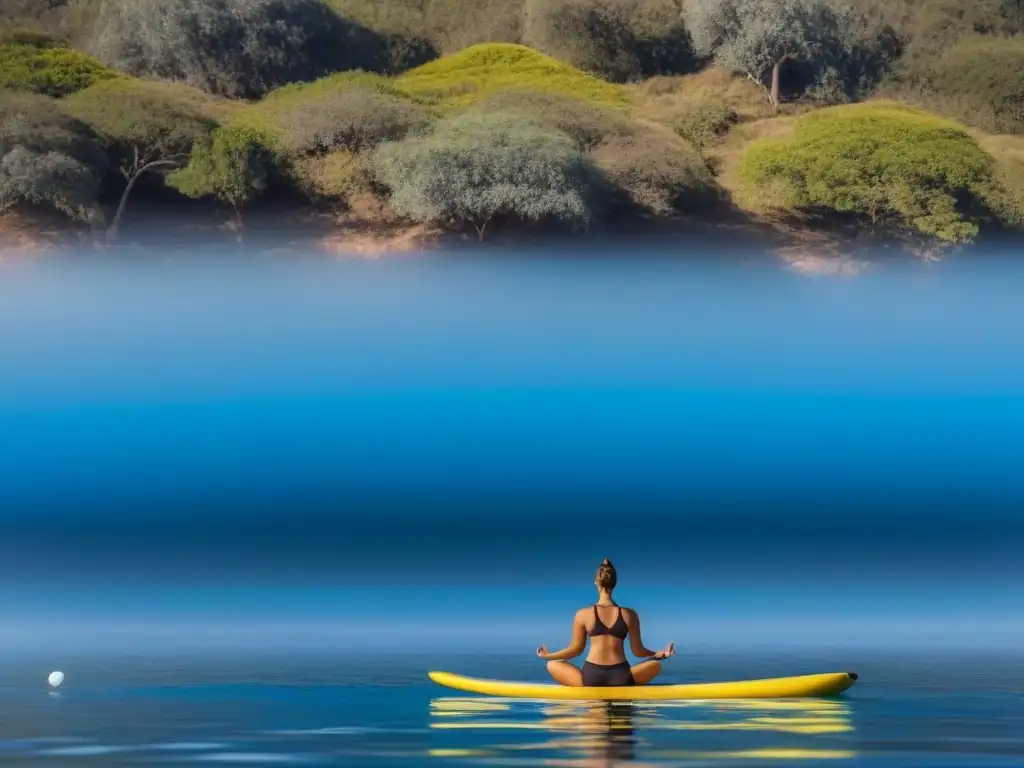 'Persona en equilibrio practicando yoga en paddleboard, conectando armonía con la naturaleza