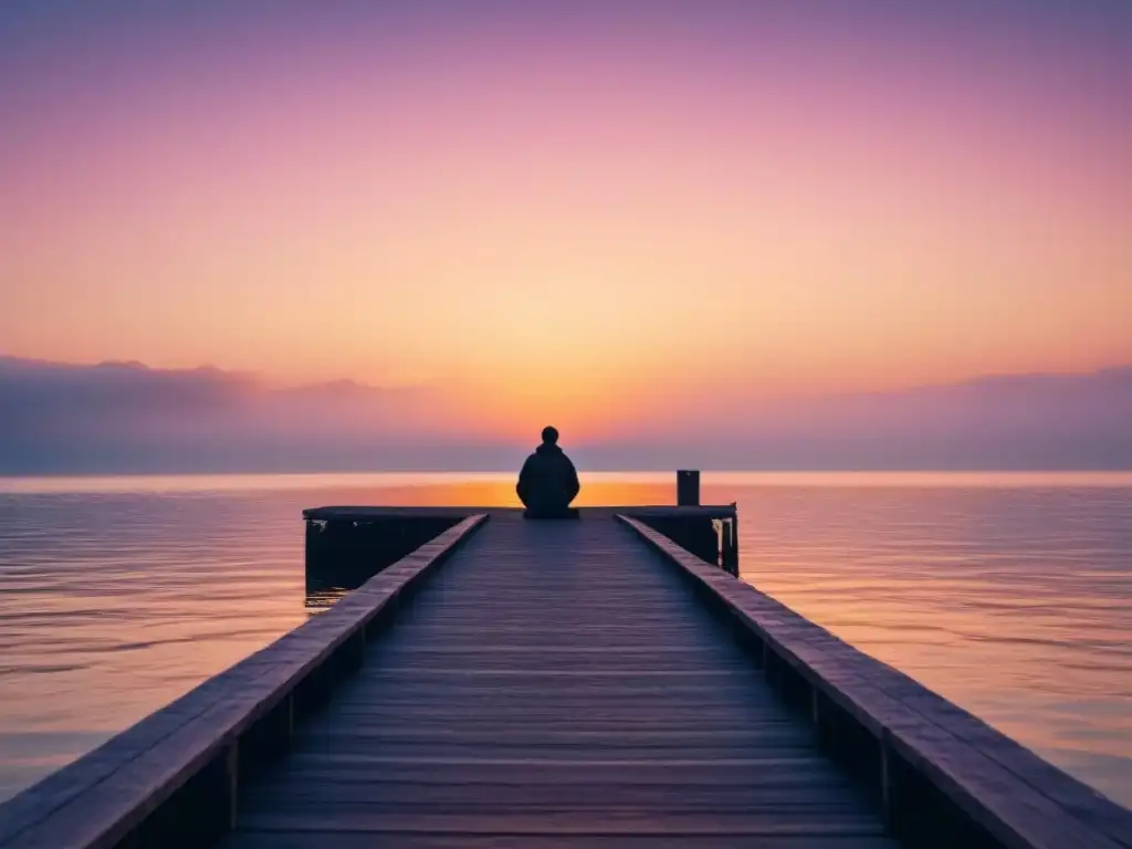 Persona en muelle junto al mar al atardecer, reflejando tranquilidad y bienestar mental