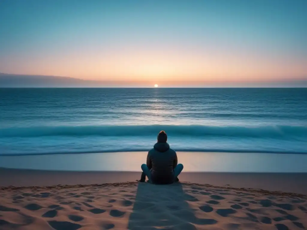 Persona viendo una película en una playa solitaria al atardecer, bajo un cielo estrellado