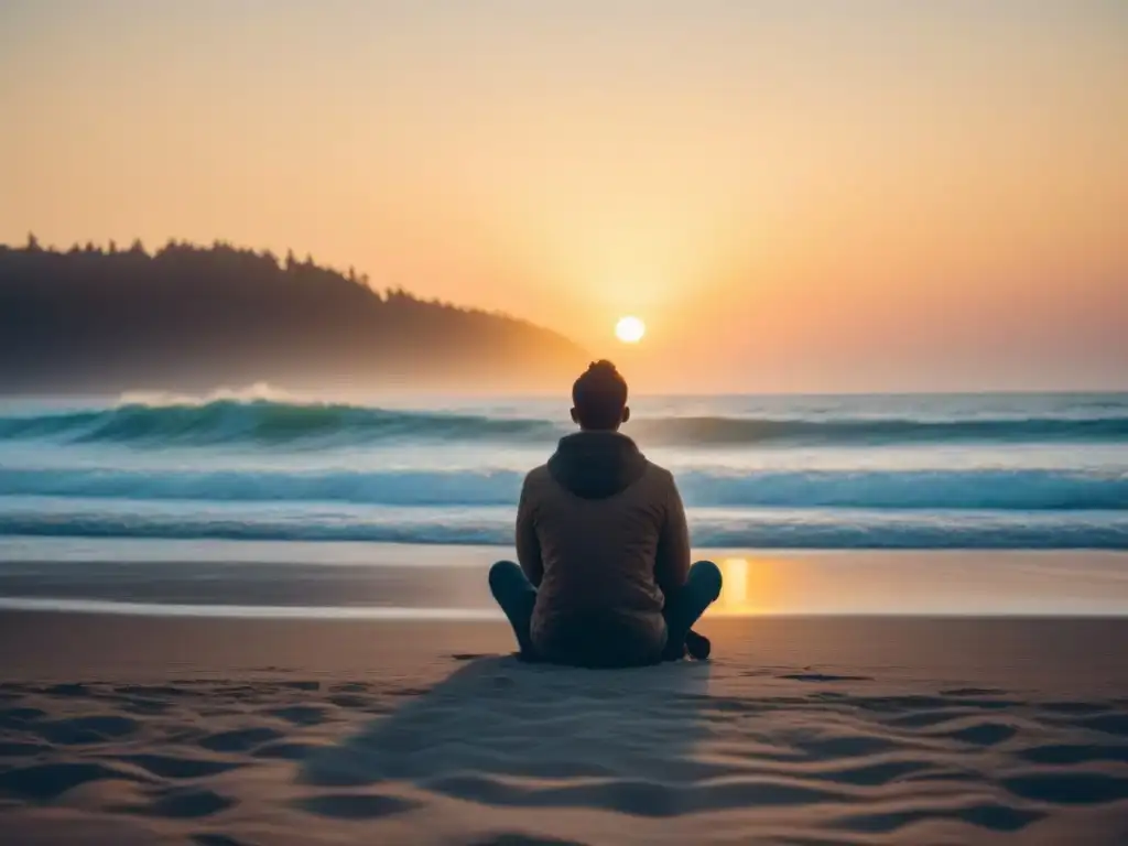 Persona en la playa al amanecer, reflejando paz y calma