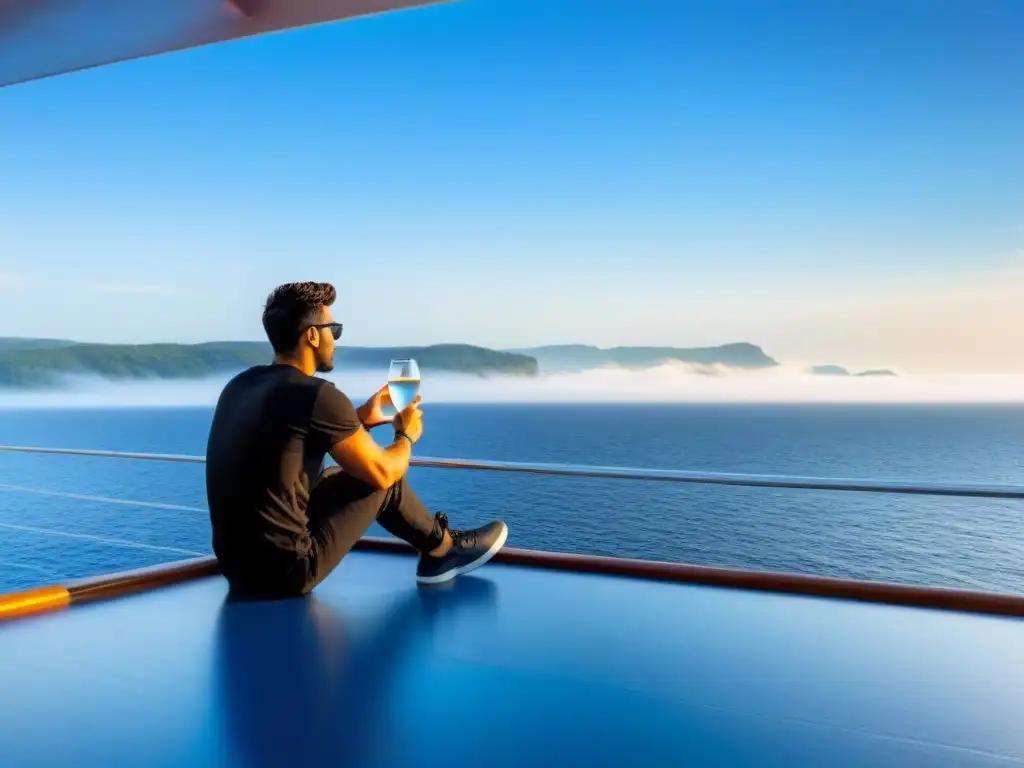 Persona relajada en cubierta de crucero, rodeada de mar y cielos azules