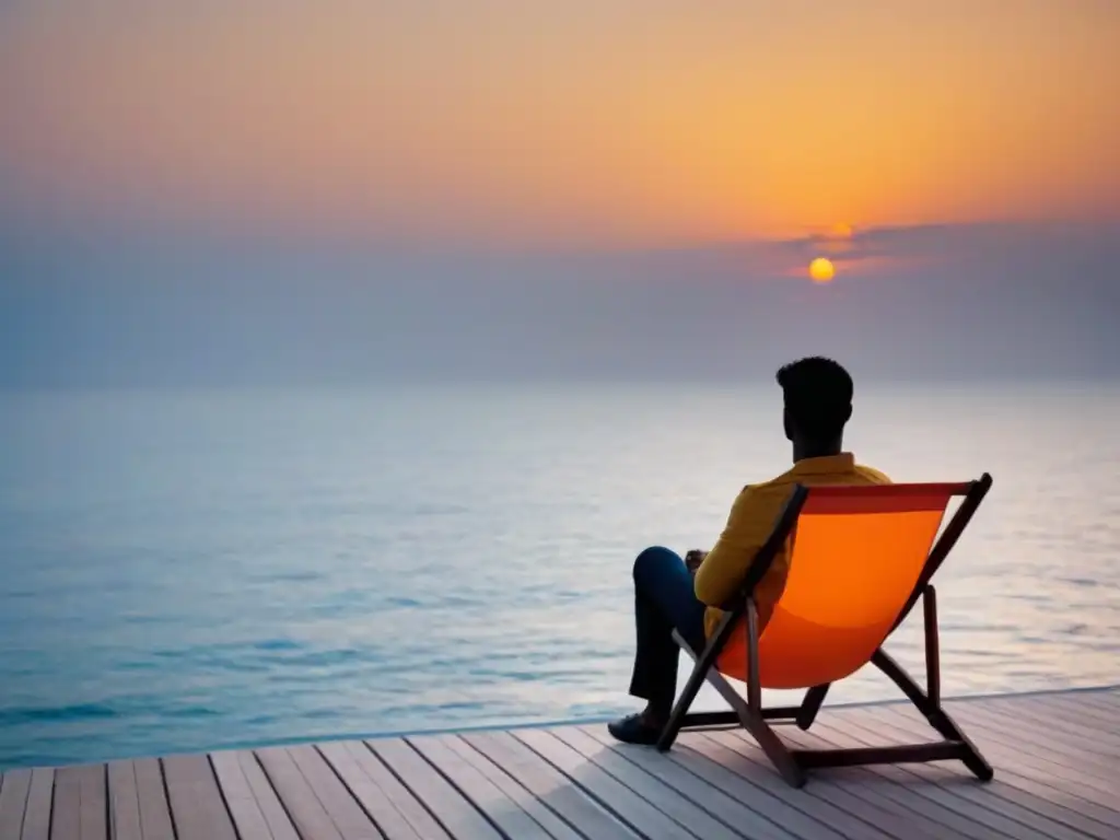 Persona en silueta en silla de cubierta, contemplando el mar al atardecer en crucero, destacando beneficios desconexión cruceros salud mental