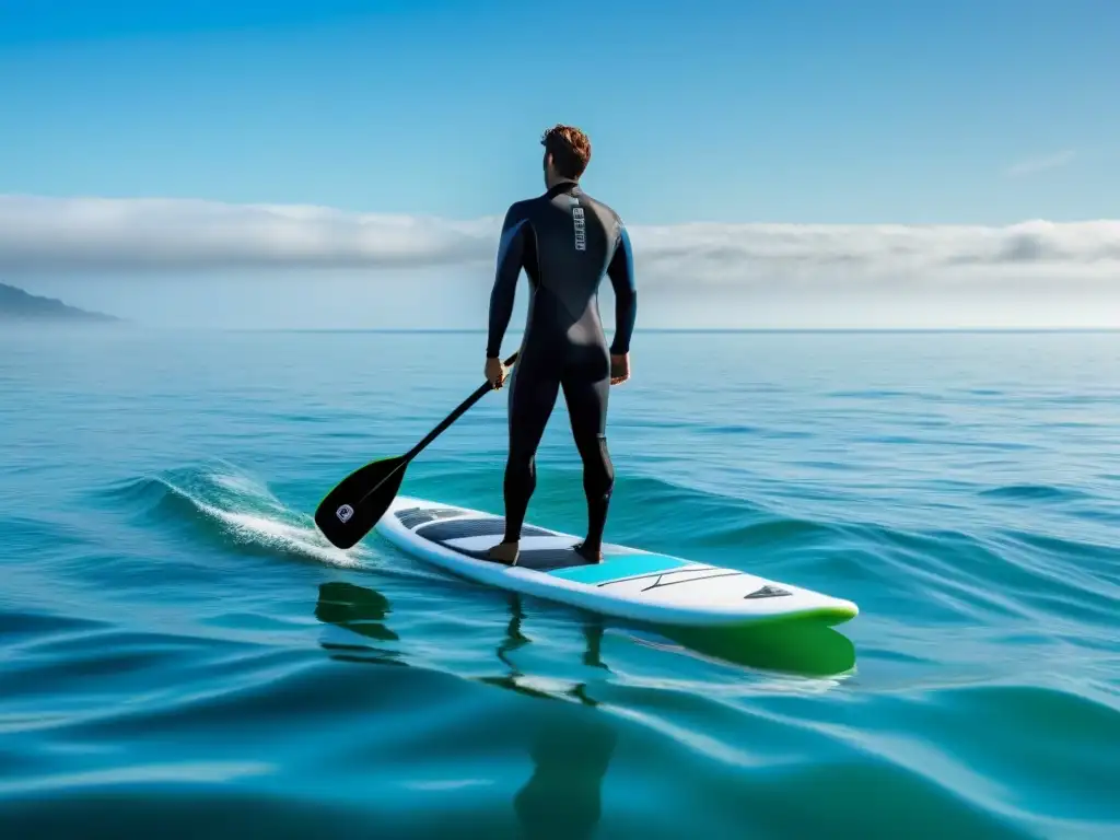 Persona en traje de neopreno en paddleboard, listo para enfrentar las olas en el mar abierto