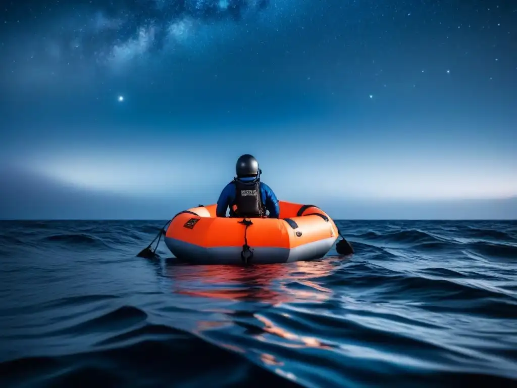 Persona en traje de supervivencia flotando en balsa en el vasto océano bajo cielo estrellado