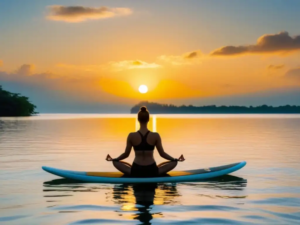 Persona practicando yoga en paddleboard al atardecer, armonía y equilibrio