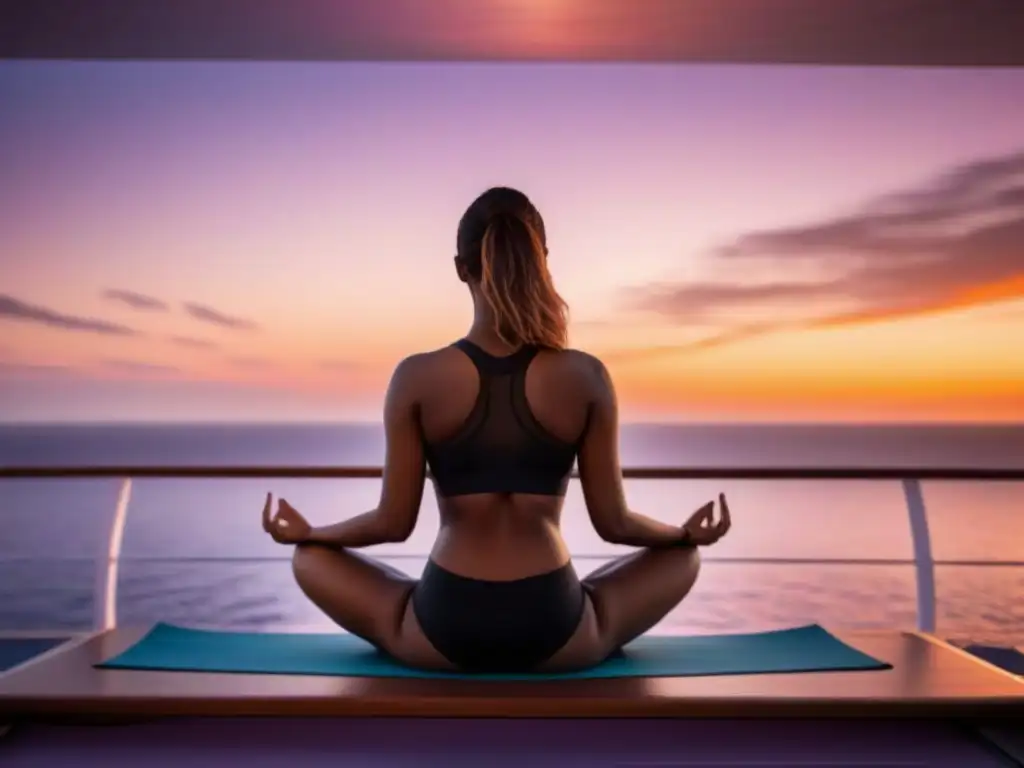 Persona practicando yoga al atardecer en un crucero, rodeada de tonos cálidos