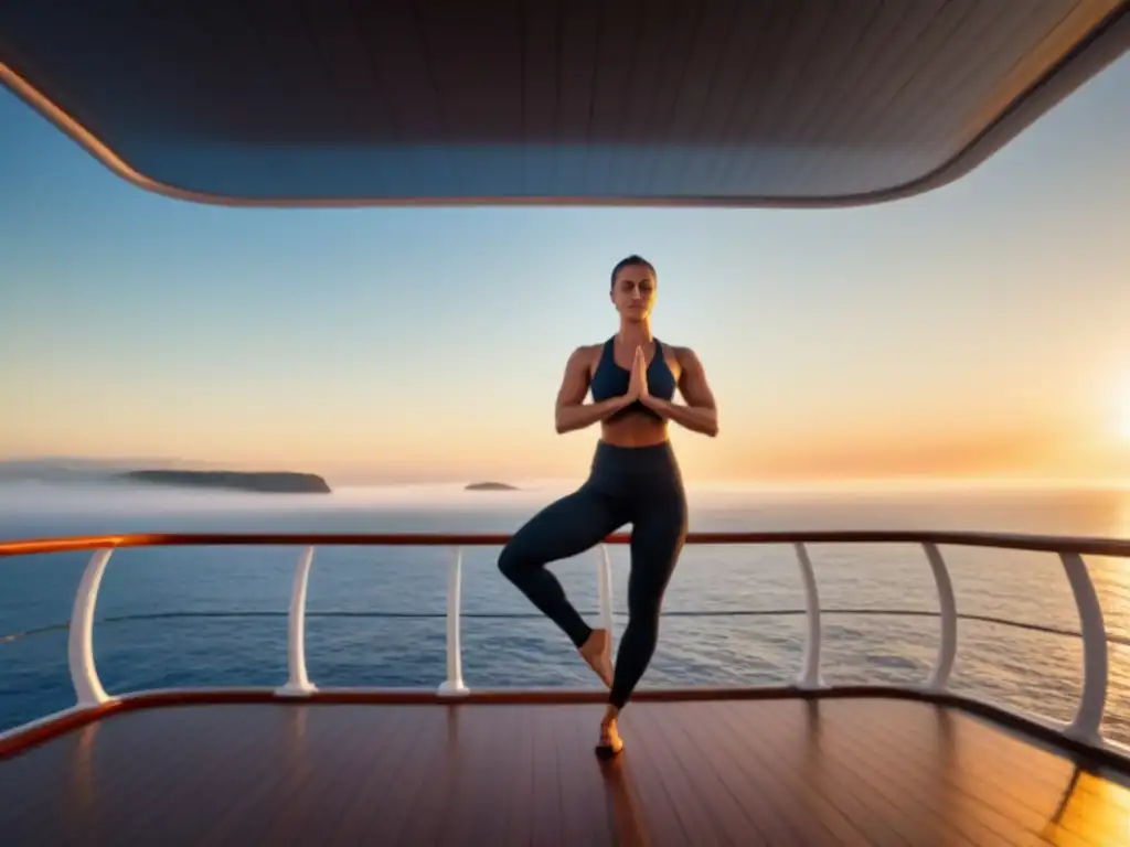 Persona practicando yoga al amanecer en un crucero, Ejercicios en cruceros para mantenerse