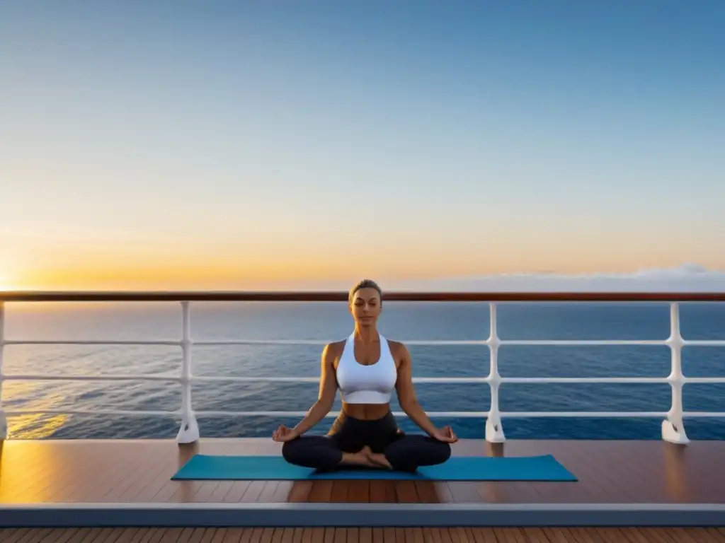 Persona practicando yoga en crucero al amanecer, en equilibrio y tranquilidad