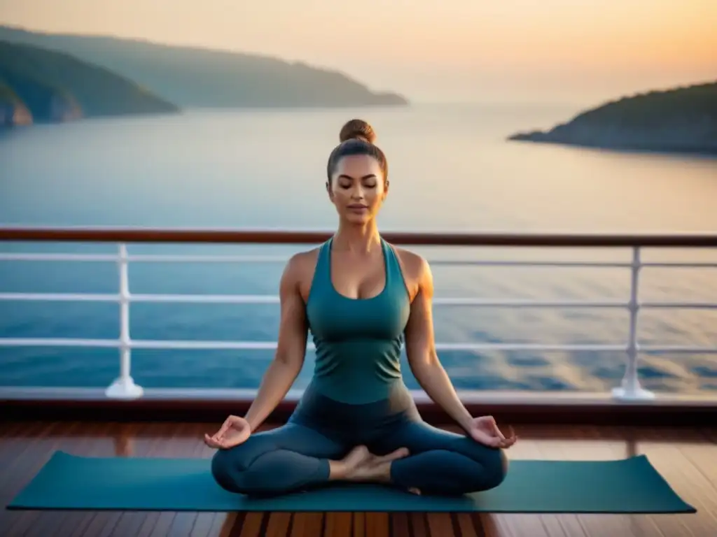 Persona practicando yoga al amanecer en crucero, en equilibrio perfecto