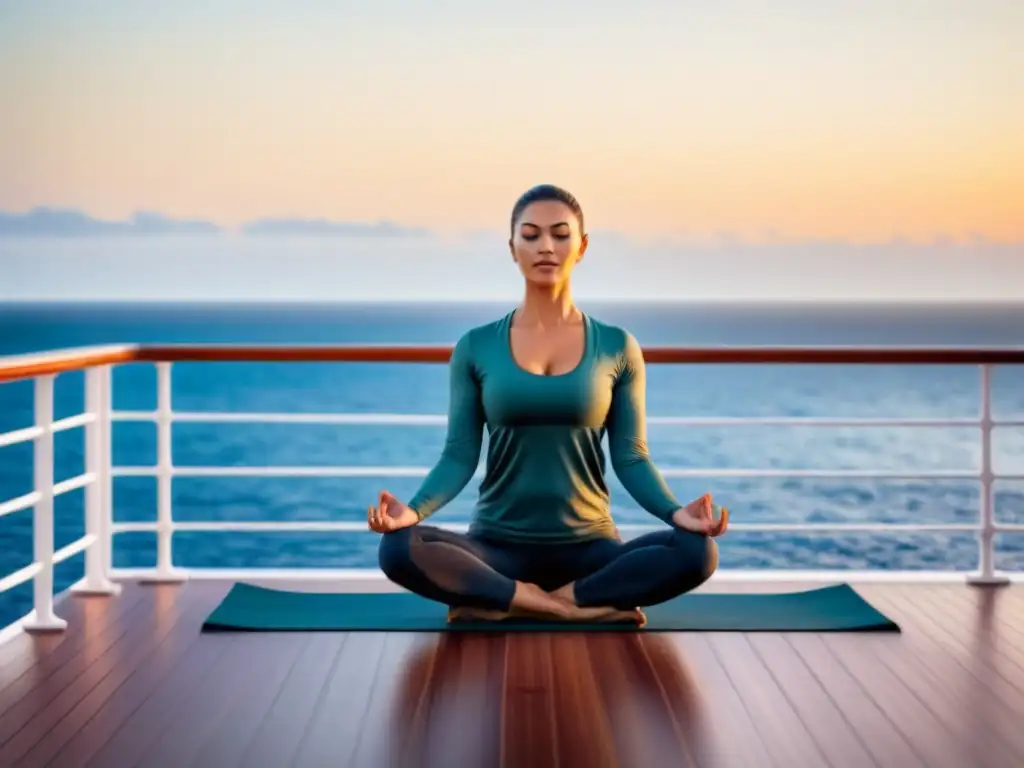 Persona practicando yoga al amanecer en un crucero, con el mar tranquilo al fondo