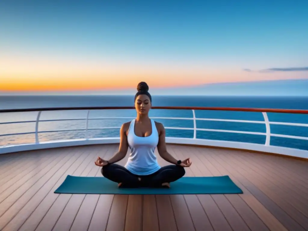 Persona practicando yoga al amanecer en crucero de bienestar transformación personal