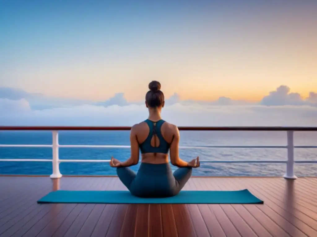 Persona haciendo yoga al amanecer en un crucero, reflejando serenidad en mar calmado