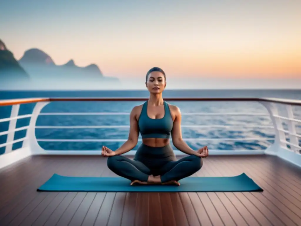 Persona practicando yoga al amanecer en crucero, transmitiendo tranquilidad