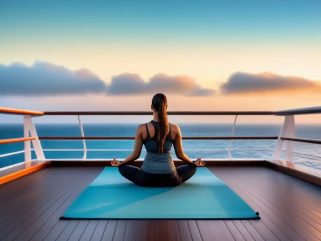 Persona practicando yoga en cubierta de crucero al amanecer, rodeada de agua tranquila