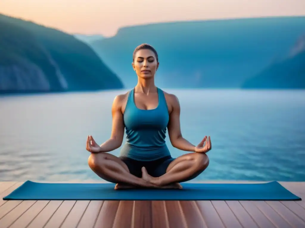 Persona practicando yoga en cubierta de crucero al amanecer, transmitiendo paz