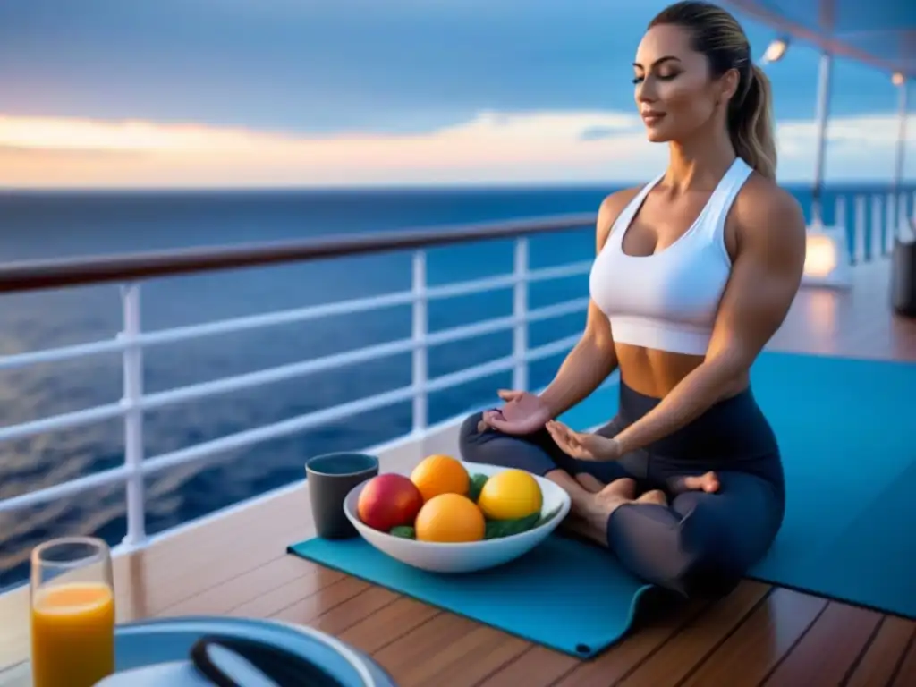 Persona haciendo yoga en cubierta de crucero al amanecer, con mar en calma y desayuno saludable en mesa