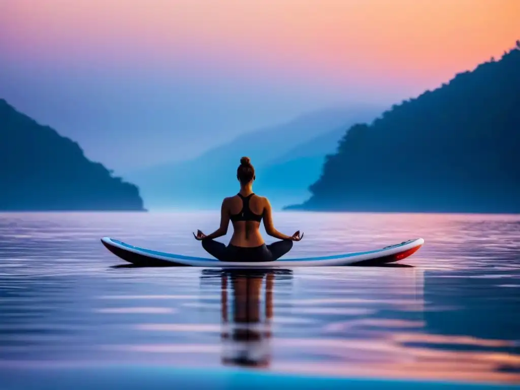 Persona practicando yoga en paddleboard al amanecer, reflejando equilibrio y armonía con la naturaleza