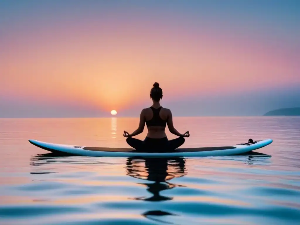 Persona practicando yoga en paddleboard, mar cristalino al atardecer