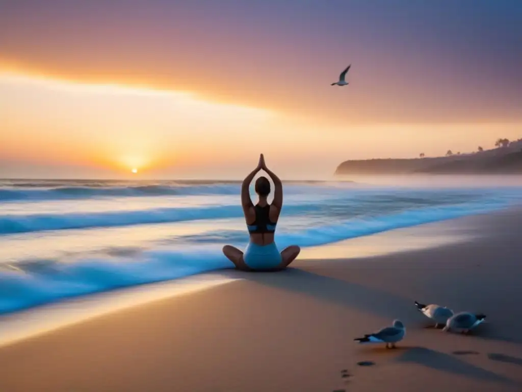 Persona practicando yoga en una playa al amanecer, rodeada de gaviotas en vuelo