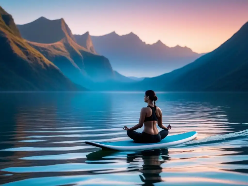 Persona practicando yoga en paddleboard al amanecer, rodeada de agua tranquila y cielo pastel