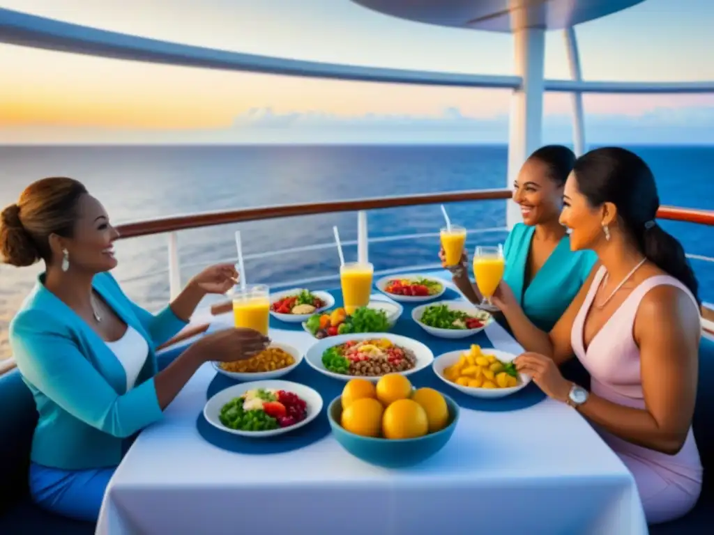 Personas diversas disfrutan de comidas saludables en un crucero