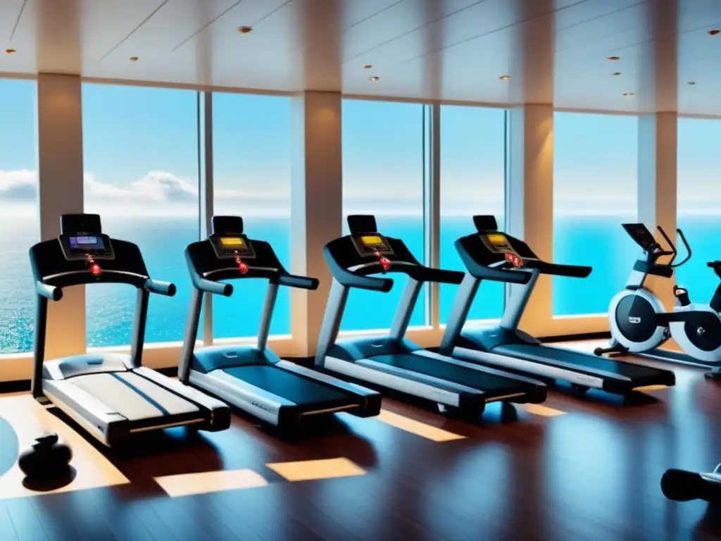 Personas diversas haciendo ejercicio en un moderno gimnasio de crucero con vista al mar y una cita motivacional sobre comida saludable