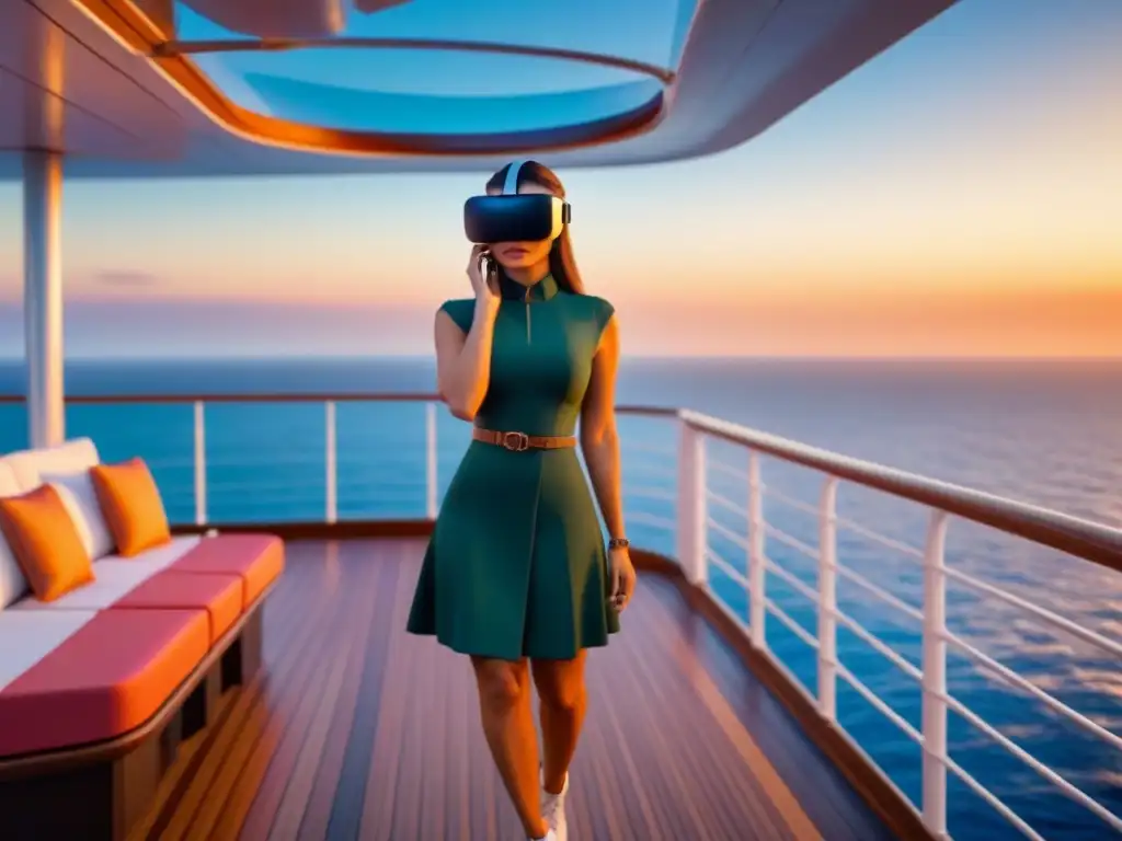 Personas disfrutando de la realidad virtual en cruceros de lujo al atardecer, con diseño moderno y vista al mar