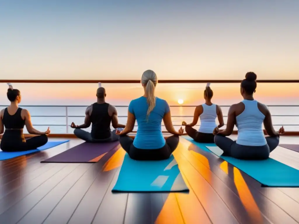 Personas en silueta practicando yoga al amanecer en un crucero, con el sol dorado sobre el mar tranquilo