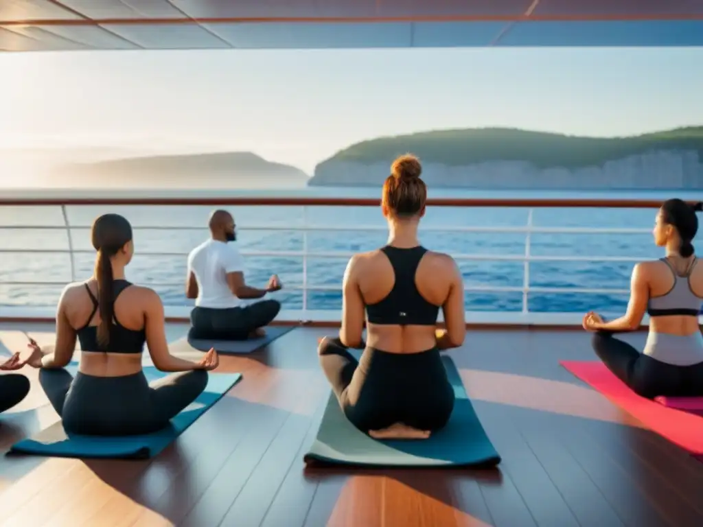 Personas practicando yoga al amanecer en un crucero, reflejando equilibrio y salud en alta mar