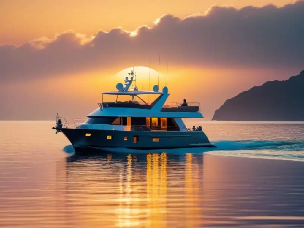 Atardecer de lujo en yate, pescador en calma Pesca deportiva en cruceros de lujo al atardecer, reflejos en aguas tranquilas y colores dorados del sol