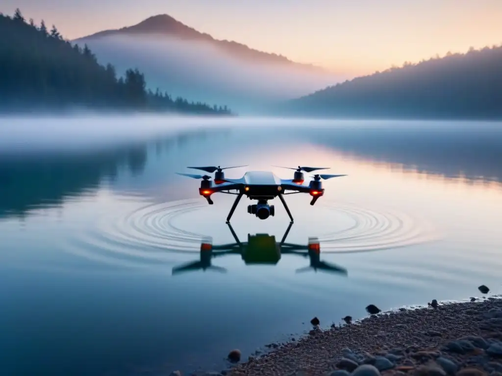 Pesca deportiva tecnología última generación: Un dron pesquero de alta tecnología sobrevuela un lago al amanecer, fusionando naturaleza y tecnología