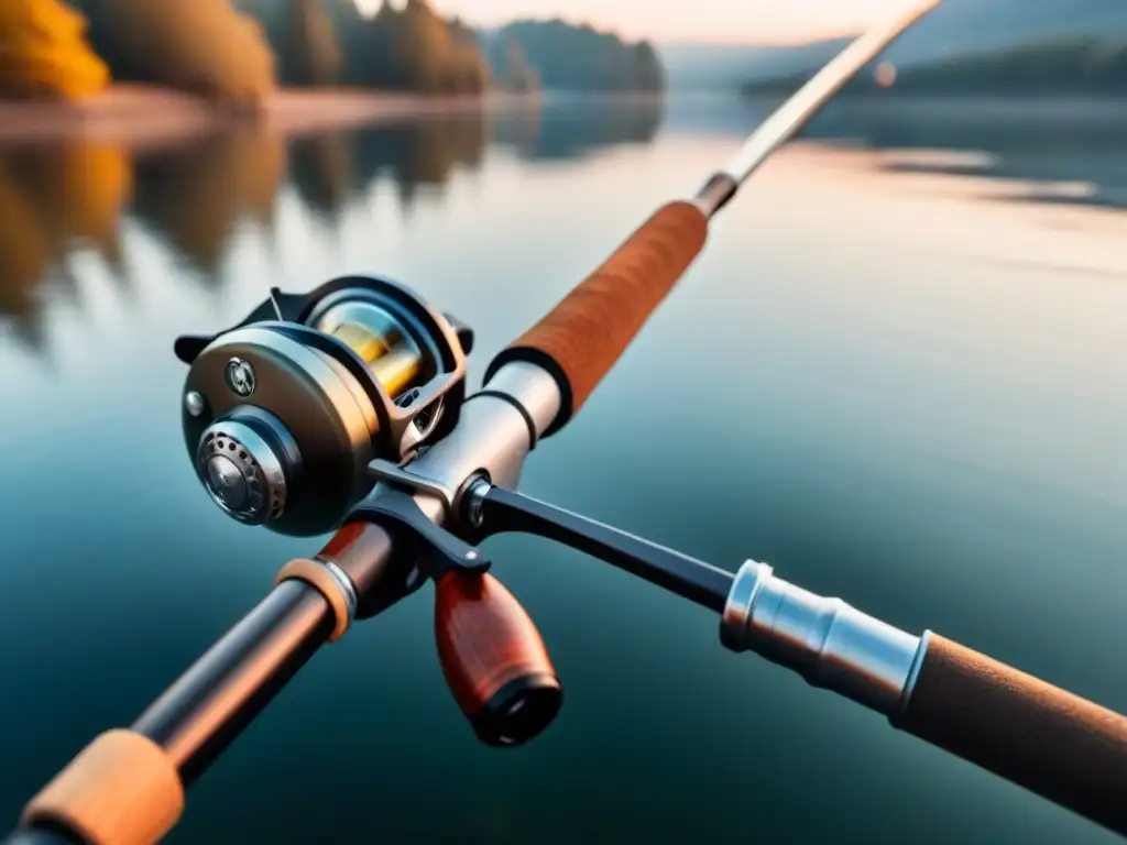 Pesca deportiva tecnología última generación: Caña de pescar moderna y serena junto a un lago al amanecer