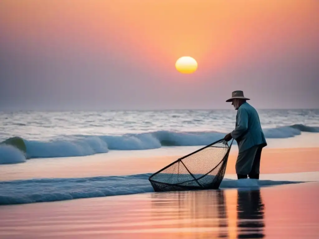 Un pescador anciano lanza su red al mar al amanecer, con el cielo pintado de tonos pastel