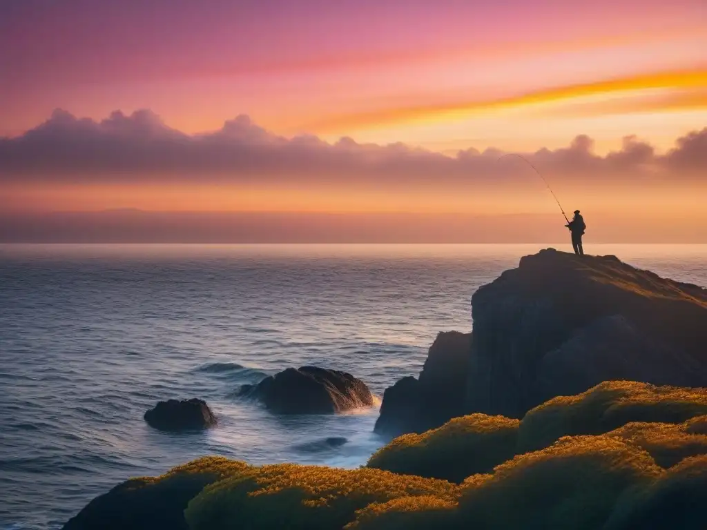 Un pescador solitario lanza su línea en un acantilado al atardecer, dominando las Técnicas de pesca para supervivencia