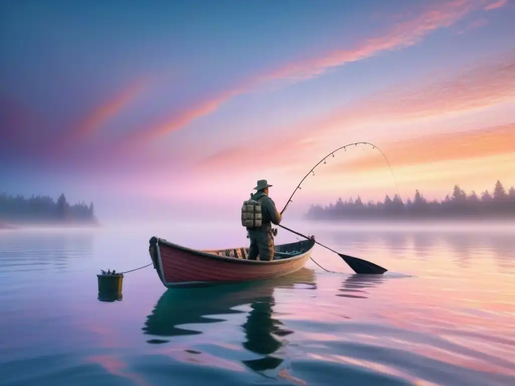 Un pescador solitario en un pequeño bote lanza una red al agua al amanecer, rodeado de peces coloridos