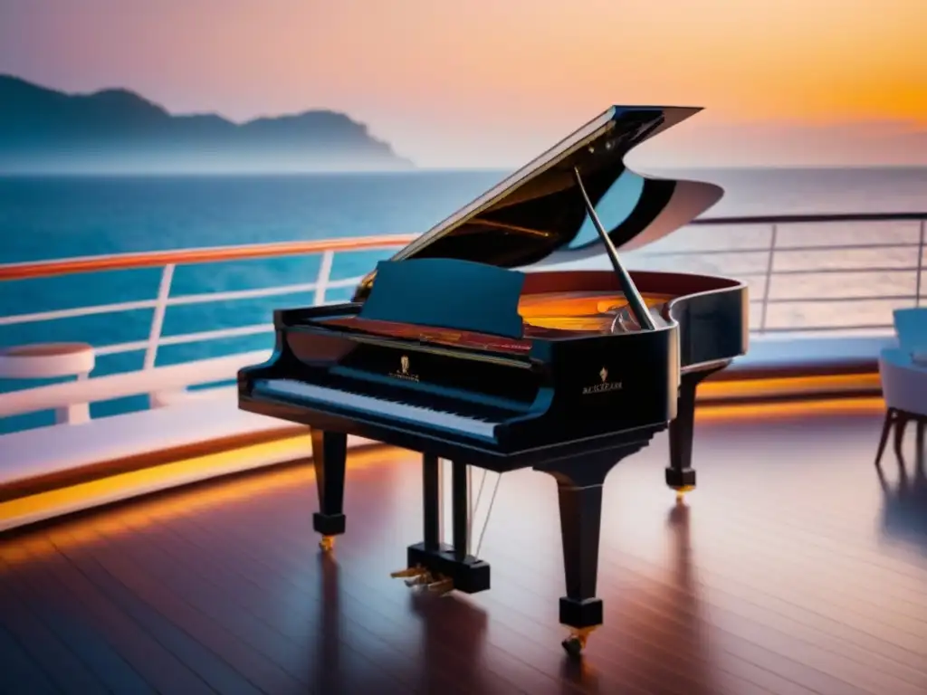 Un piano de cola en la cubierta de un crucero de lujo al atardecer, evocando la música clásica en cruceros de lujo