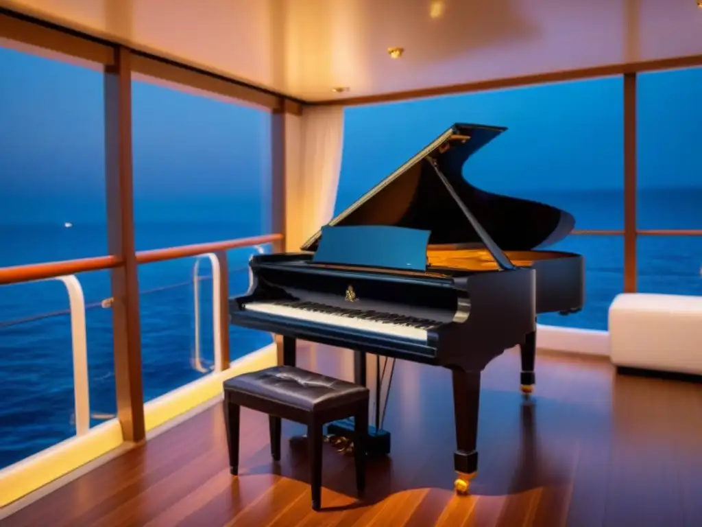 Un piano de cola en cubierta de crucero de lujo bajo la noche estrellada y la luz de la luna sobre el mar sereno