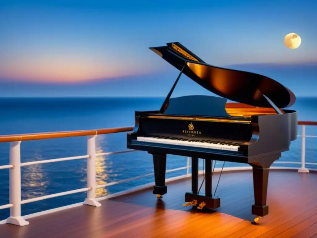 Un piano de cola iluminado en un crucero de lujo de noche, con la luna y las estrellas brillando en el cielo