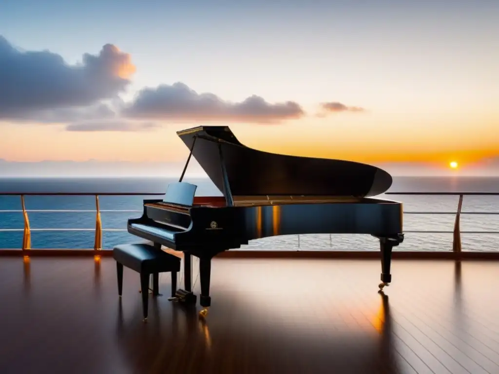 Un piano de cola reluciente bajo un foco en cubierta de crucero al atardecer