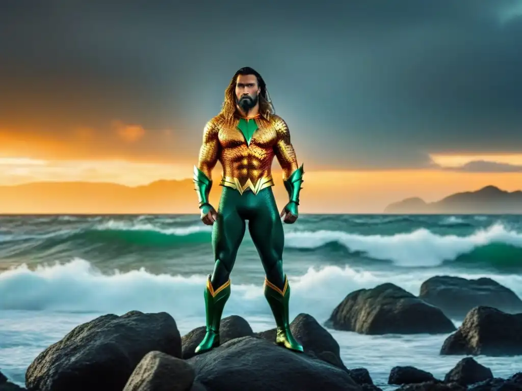 Aquaman de pie en la costa rocosa, vestido con su traje clásico naranja y verde, bajo un cielo dramático al atardecer