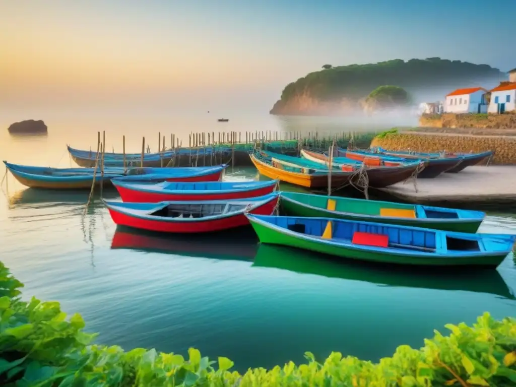 Pintoresca aldea costera al amanecer con redes de pesca artesanales y barcos, reflejando la vida en comunidades costeras