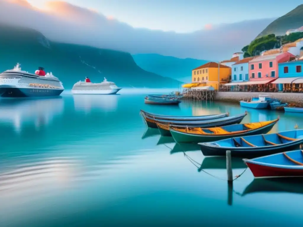 Pintoresco amanecer en un pueblo costero con barcos pesqueros y un crucero al fondo, reflejando el impacto cruceros economía local