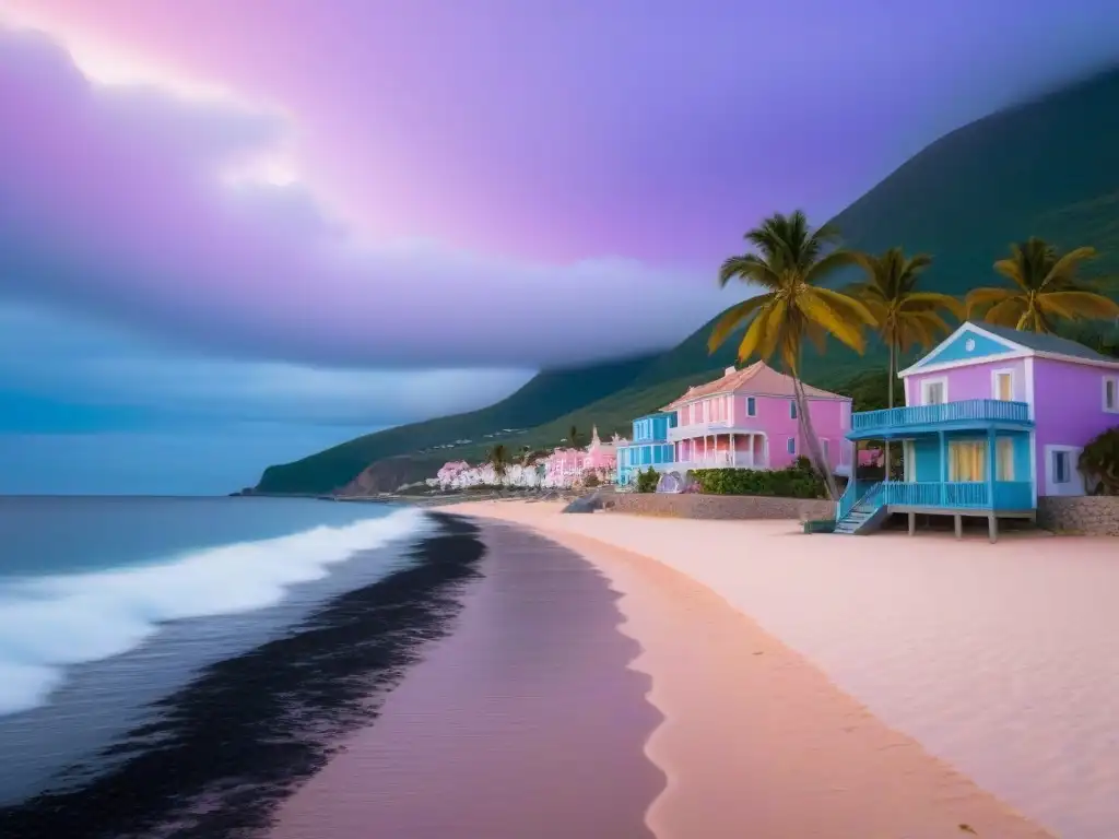 Pintoresco pueblo costero al atardecer con casas de colores pastel y una playa tranquila