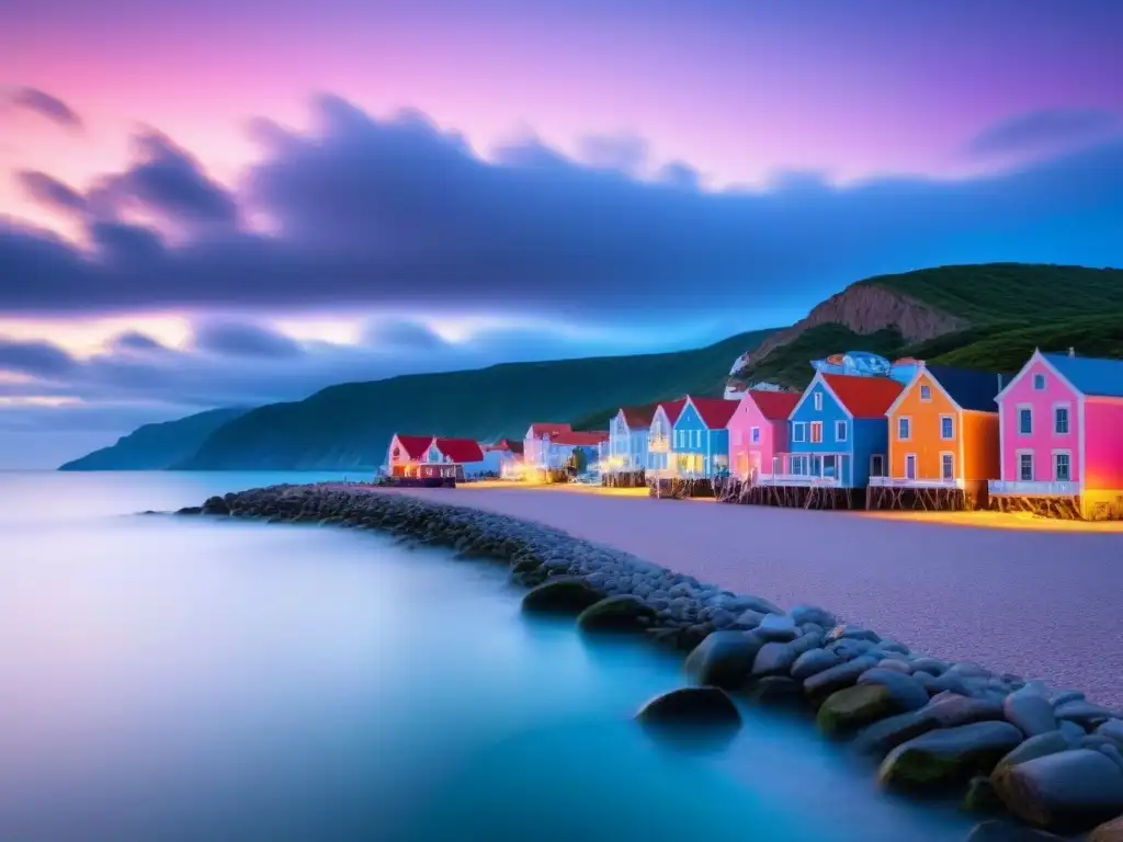 Pintoresco pueblo costero al atardecer, casas pastel, pescadores en muelle