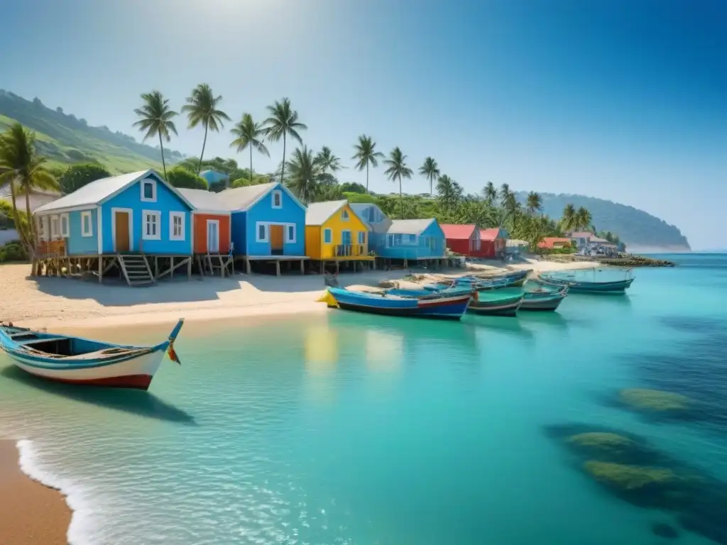 Un pintoresco pueblo costero con barcos de pesca coloridos en la orilla bajo un cielo azul