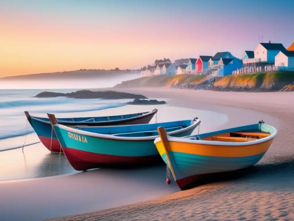 Pintoresco pueblo costero al amanecer, con barcos pesqueros y gaviotas